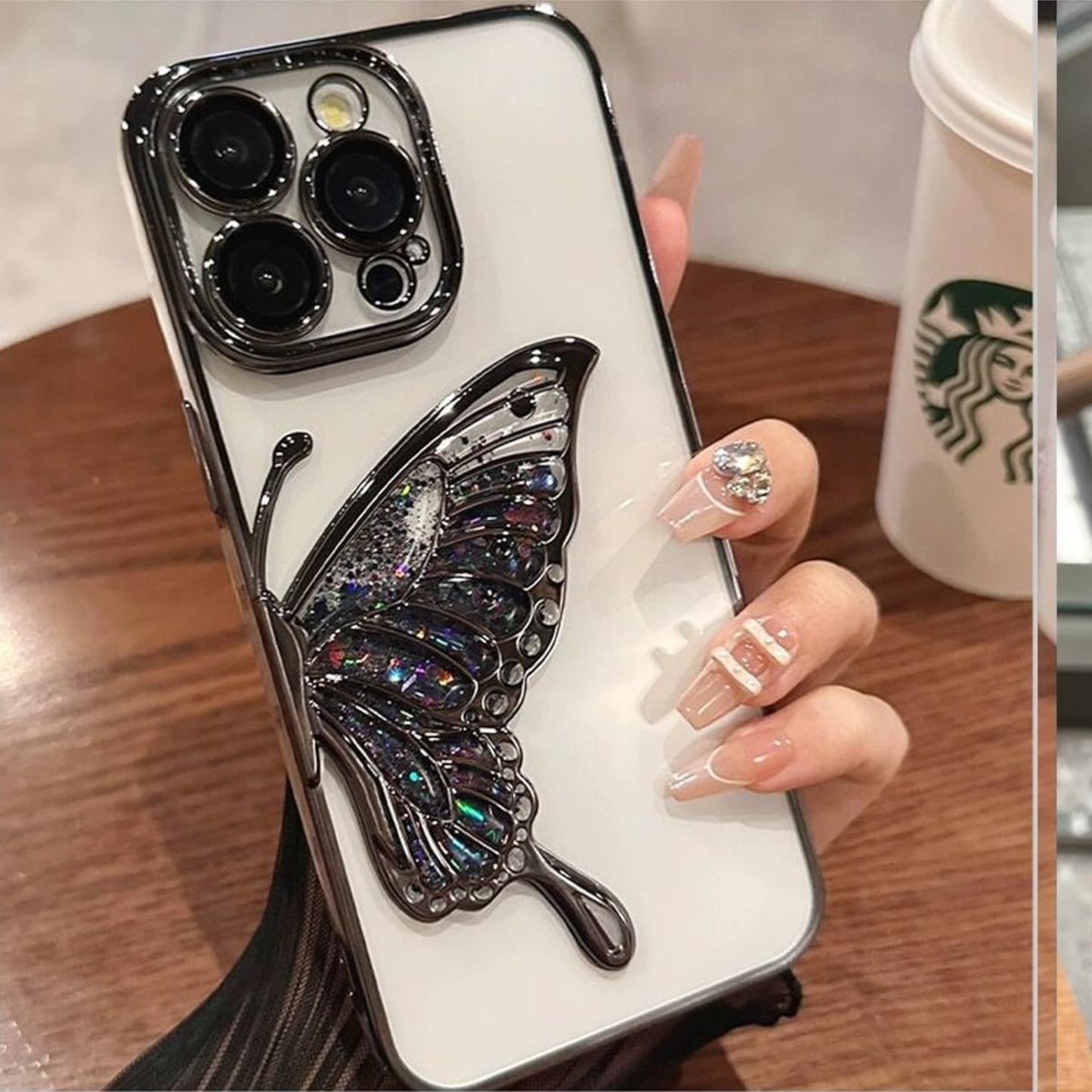 For Apple iPhone 16 Pro (6.3") Glitter 3D Butterfly Bling Luxury Electroplate Chrome Sparkle Liquid Flowing Plating Bumper Case Cover