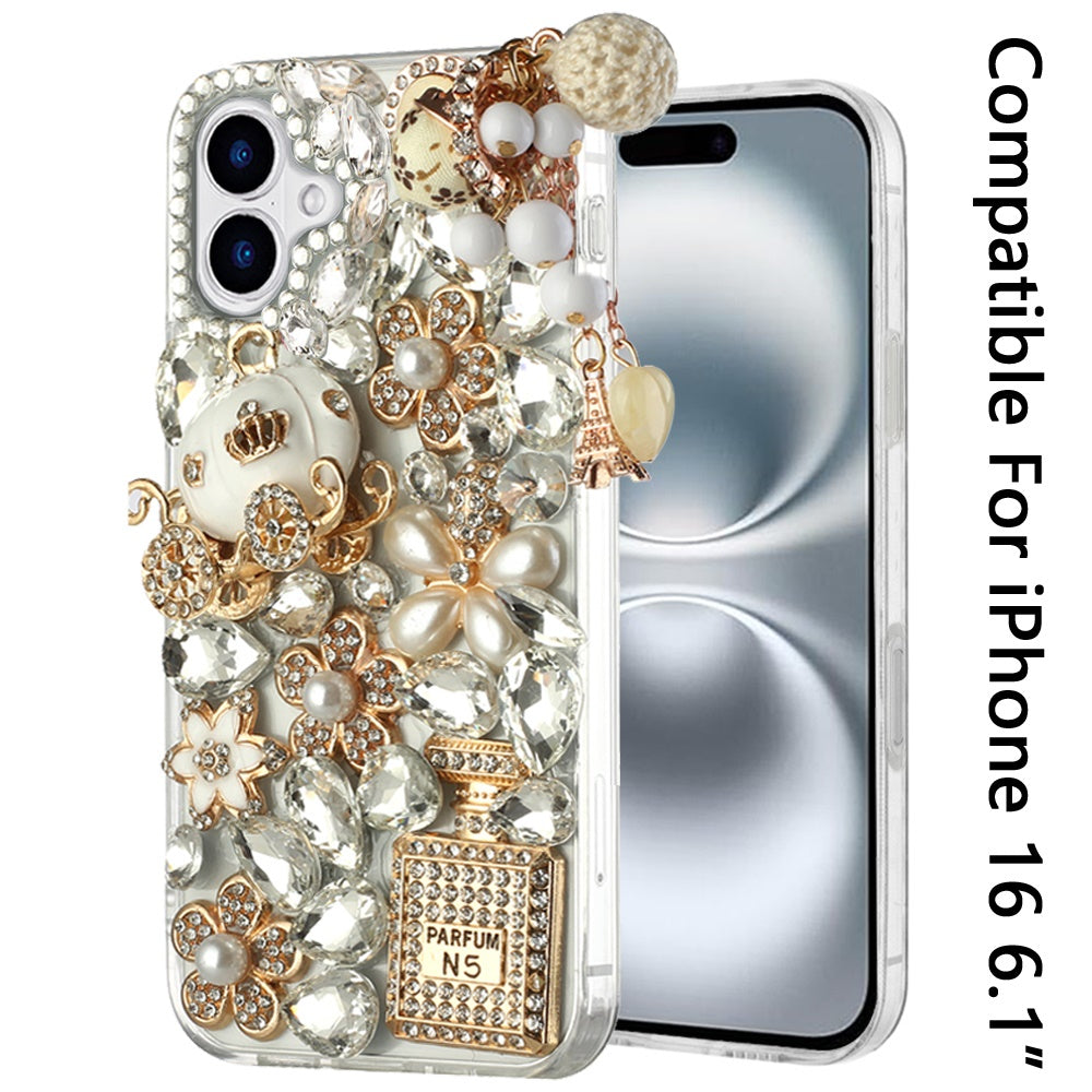 For Apple iPhone 16 (6.1") Bling Crystal 3D Full Diamonds Luxury Sparkle Rhinestone Hybrid Protective Case Cover