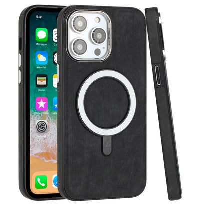 For Apple iPhone 16 Pro (6.3") PU Vegan Leather Chrome Edged Hybrid Hard PC TPU Rubber Compatible with MagSafe Case Cover