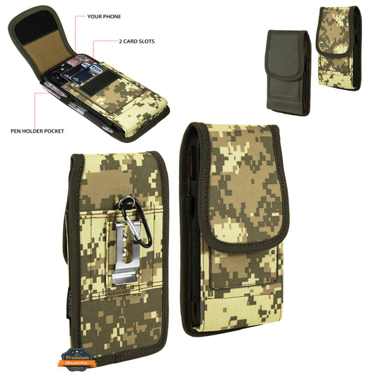 For Apple iPhone 16 Pro (6.3") Universal Pouch Case Vertical Phone Holster Camouflage with Card Slots, Pen Holder, Belt Clip Loop & Hook Cover [Army Camo]