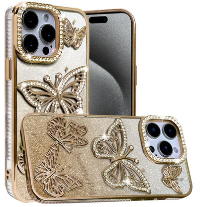 For Apple iPhone 12, Apple iPhone 12 Pro Luxury Butterfly Sparkle Glitter Diamond Crystal Rhinestone Shimmer Bling Plating Thick TPU Hard PC Case Cover