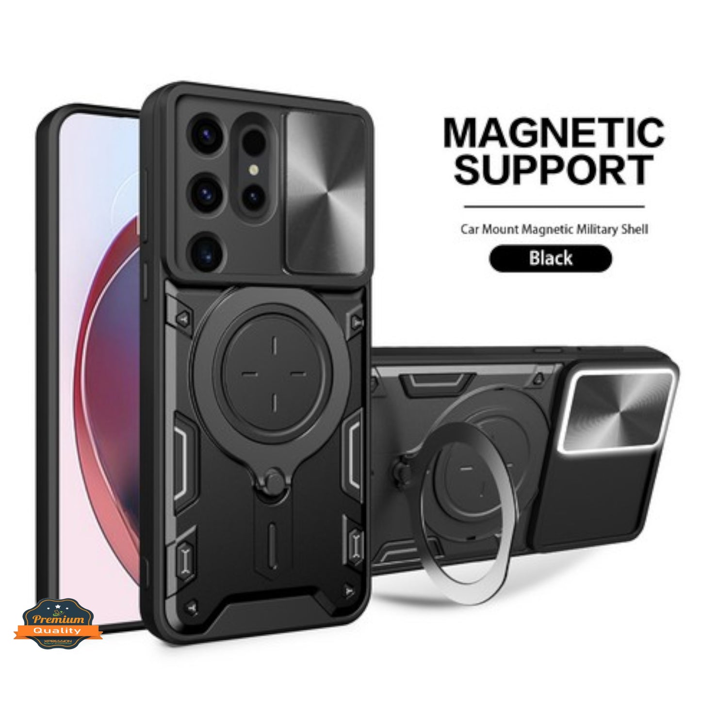 For Apple iPhone 16 Pro Max (6.9") Magnetic Circle Ring Stand Compatible with Magsafe and Sliding Camera Lens Protector Hybrid Shockproof Case Cover