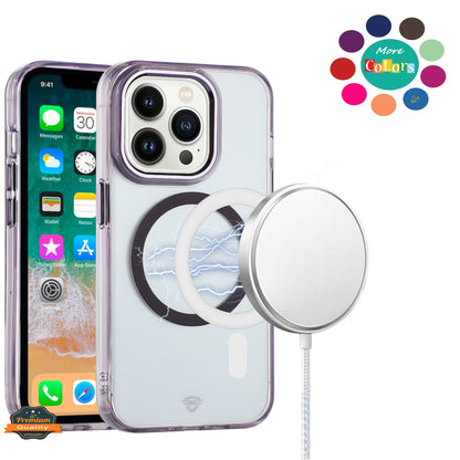 For Apple iPhone 16 Pro Max (6.9") Transparent Back Hybrid Circle Ring Magnetic Compatible with MagSafe Color Frame Metal Buttons Case Cover