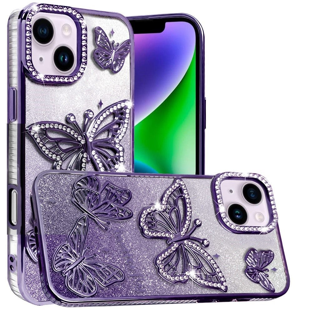 For Apple iPhone 12, Apple iPhone 12 Pro Luxury Butterfly Sparkle Glitter Diamond Crystal Rhinestone Shimmer Bling Plating Thick TPU Hard PC Case Cover