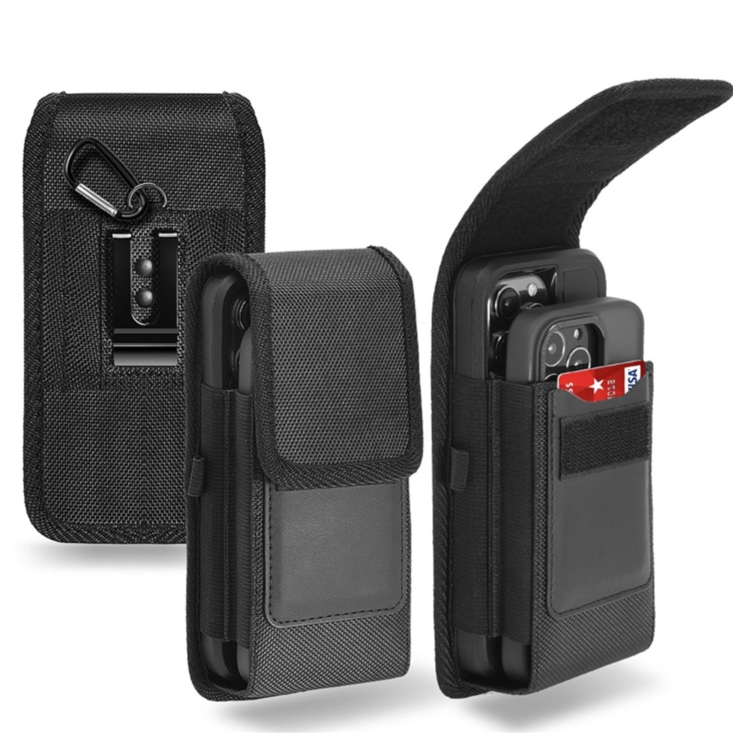 For Apple iPhone 16 Pro (6.3") Universal Dual Phone Holster Vertical Pouch for 2 Phones, Double Decker Belt Clip Case with Credit Card Slots Wallet Cover [Black]