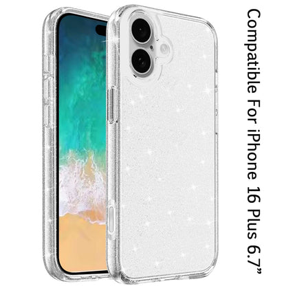 For Apple iPhone 16 Plus (6.7") Transparent Glitter Shiny Sparkle Bling TPU Rubber Hard Back Hybrid Frame Shockproof Case Cover Clear