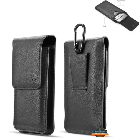 For Apple iPhone 16 Pro (6.3") Vertical PU Leather Case Holster with Credit Card Pocket Holder, Belt loop and Hook Clip Universal Carrying Pouch Large Size [Black]