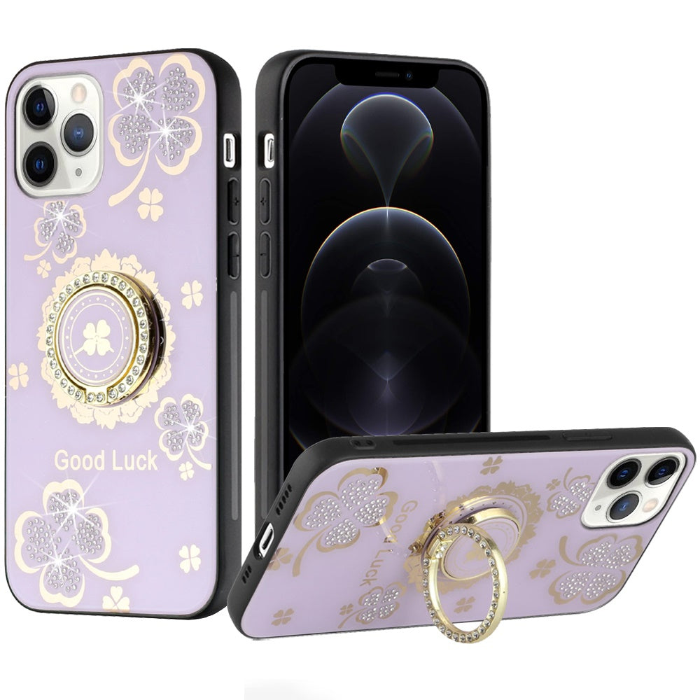 For Apple iPhone 12 Pro Max Diamonds 3D Bling Sparkly Glitter Ornaments Engraving Hybrid Metal Fashion Case Cover Purple Good Luck Floral