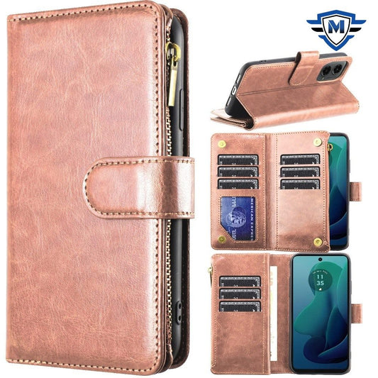 For Apple iPhone 16 (6.1") Premium Leather Zipper Wallet with Credit Card Slots Money Pocket Luxury Clutch Pouch Stand & Strap Case Cover Rose Gold