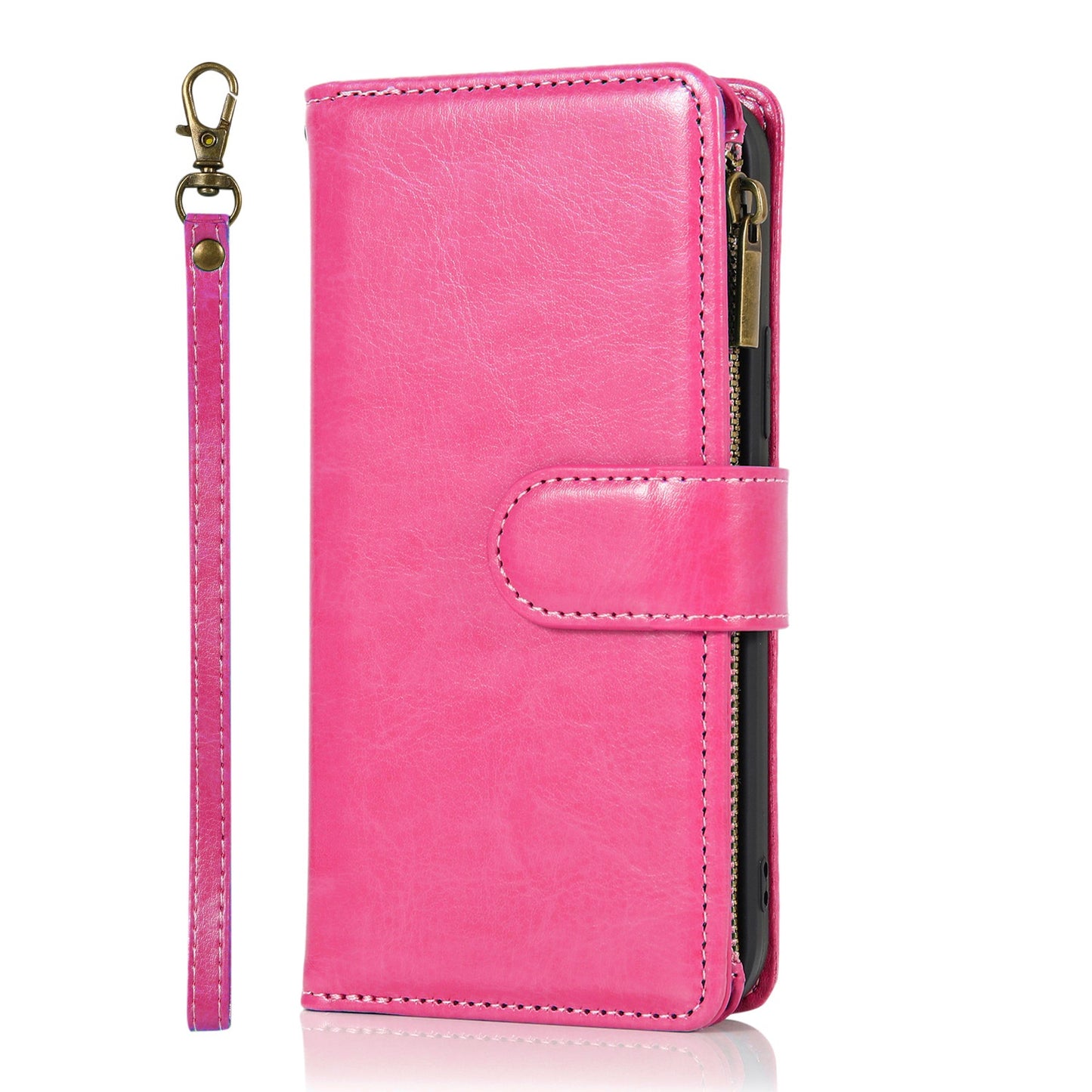 For Apple iPhone 16 (6.1") Leather Zipper Wallet Case 9 Credit Card Slots Cash Money Pocket Clutch Pouch Stand & Strap Case Cover Hot Pink