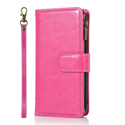 For Apple iPhone 16 (6.1") Leather Zipper Wallet Case 9 Credit Card Slots Cash Money Pocket Clutch Pouch Stand & Strap Case Cover Hot Pink