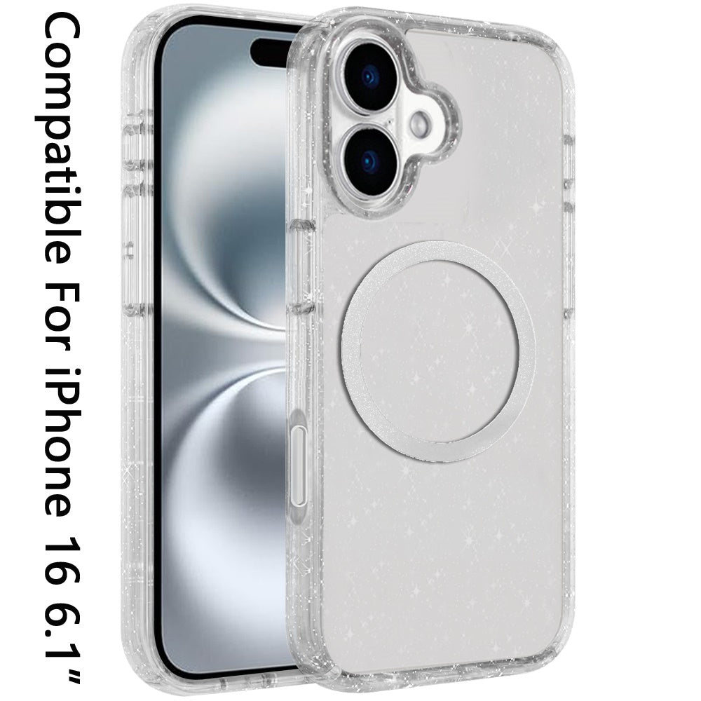 For Apple iPhone 16 (6.1") Transparent Glitter Bling Sparkly Shiny Case Hybrid Magnetic Circle Compatible with MagSafe Shockproof Case Cover