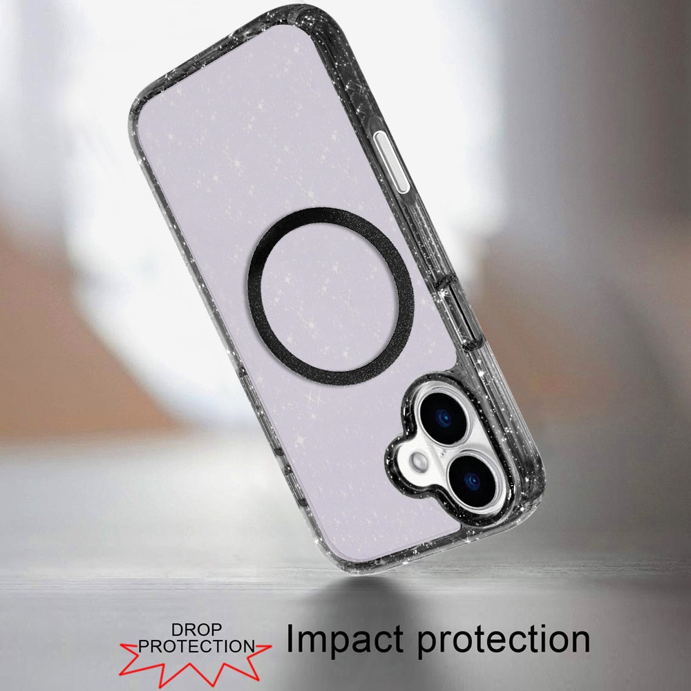 For Apple iPhone 16 (6.1") Transparent Glitter Bling Sparkly Shiny Case Hybrid Magnetic Circle Compatible with MagSafe Shockproof Case Cover