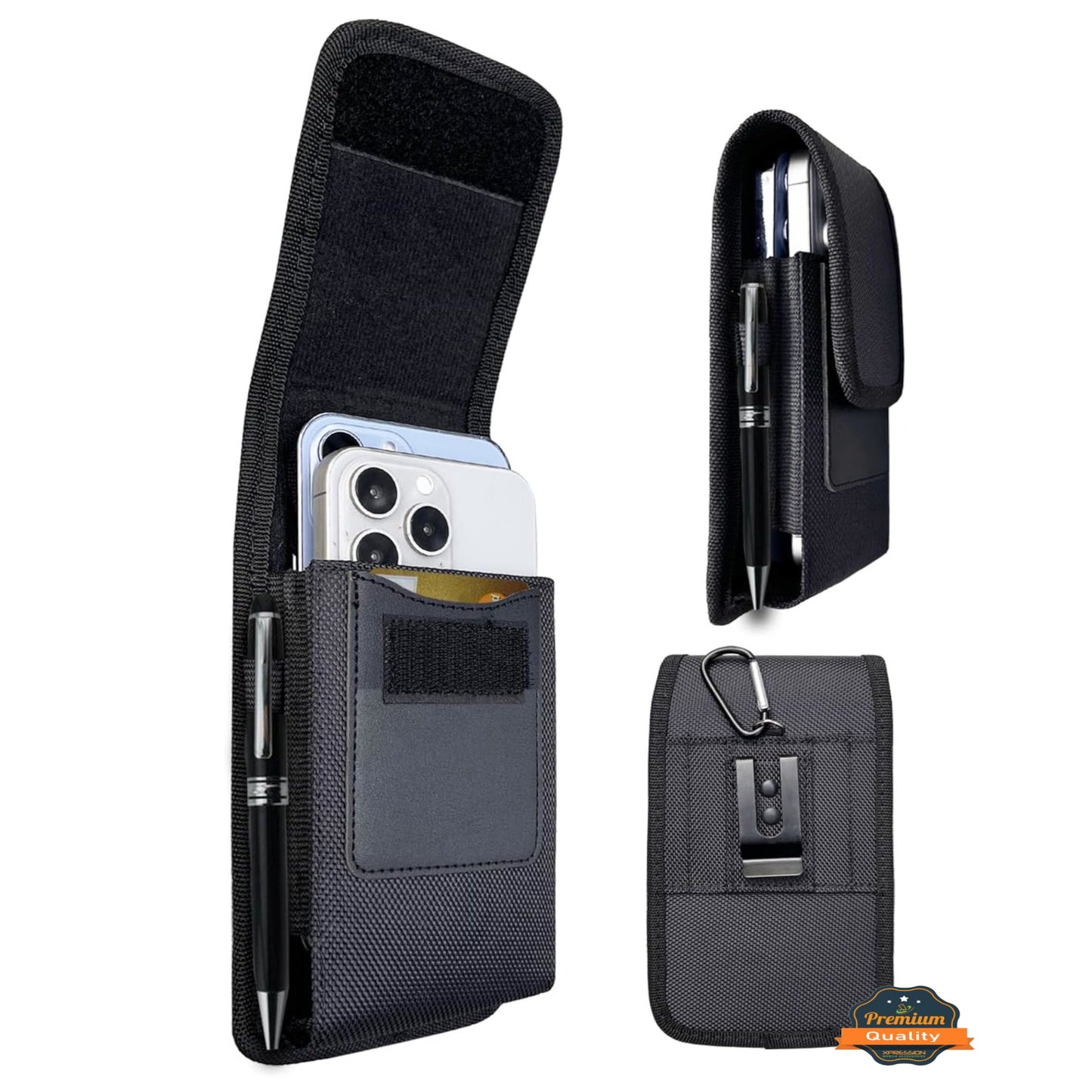 For Vertical Nylon Canvas Universal Pouch Dual Phone Holster, Wallet Case with Card Slot & Metal Belt Clip Loop Cover Device Size 6.7" Case Cover Black