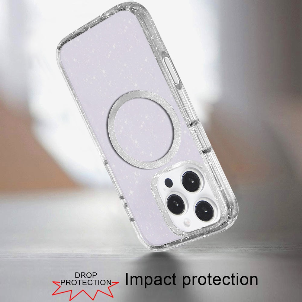 For Apple iPhone 16 (6.1") Transparent Glitter Bling Sparkly Shiny Case Hybrid Magnetic Circle Compatible with MagSafe Shockproof Case Cover