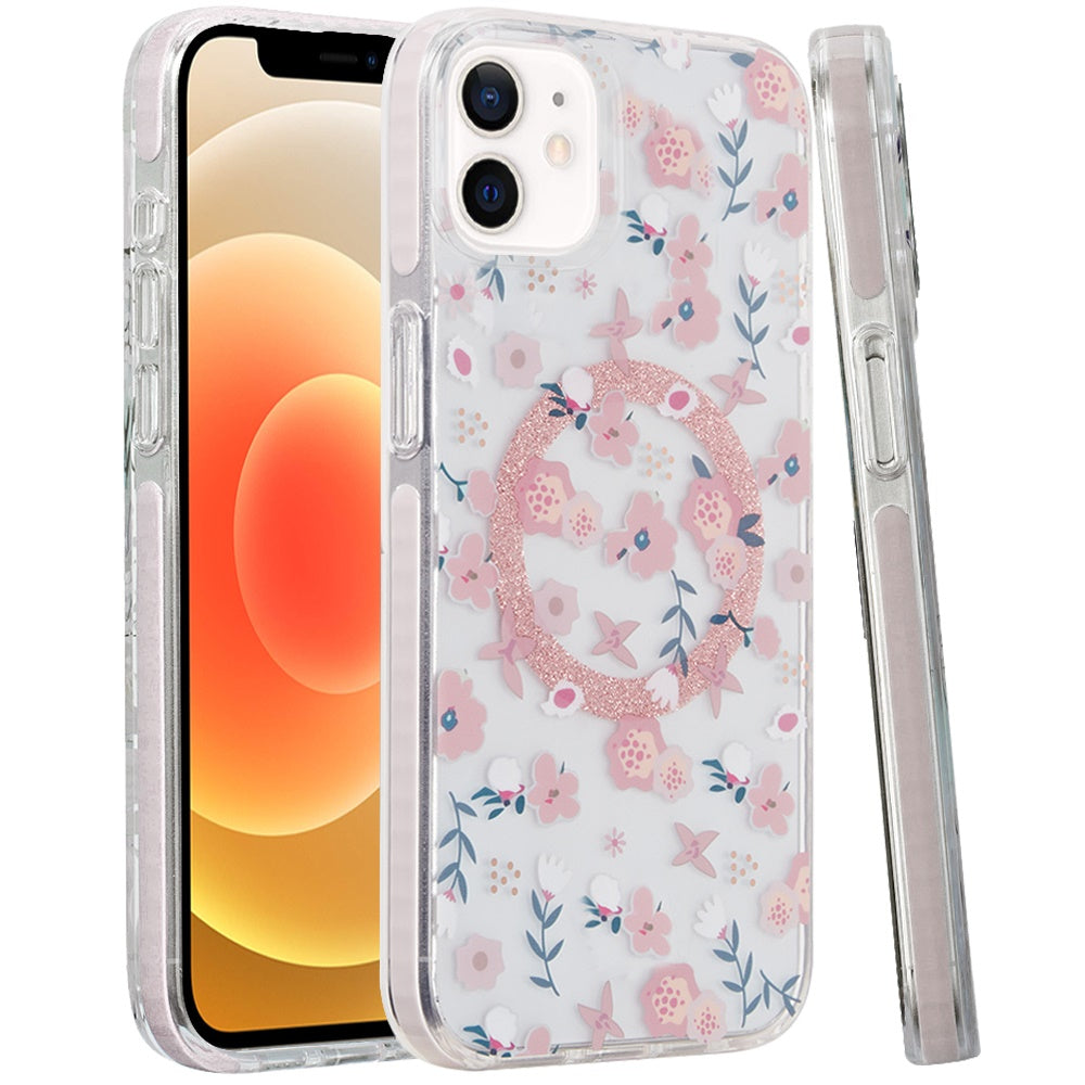 For Apple iPhone 12 / 12 Pro Floral Pattern Design Cute Clear Hybrid Compatible with Magsafe Double Layer Soft TPU Hard PC Back Slim Case Cover