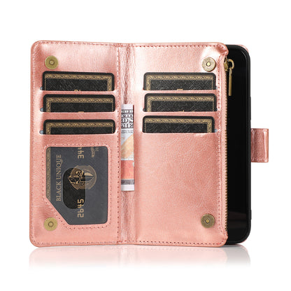 For Apple iPhone 11 (6.1") Leather Zipper Wallet Case 9 Credit Card Slots Cash Money Pocket Clutch Pouch with Stand & Strap Case Cover Rose Gold