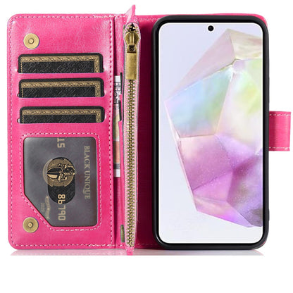 For Samsung Galaxy A36 Leather Zipper Wallet Case 9 Credit Card Slots Cash Money Pocket Clutch Pouch with Stand & Strap Case Cover Hot Pink