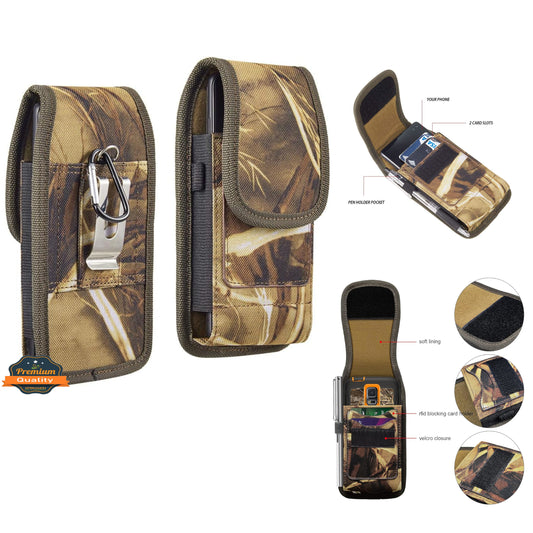 For Apple iPhone 16 Plus (6.7") Vertical Camouflage Nylon Canvas Holster Universal Cell Phone Pouch Velcro Closure with Credit Card Slot & Belt Clip Loop Carabiner [Hunting Camo]