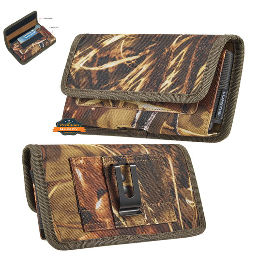 For Apple iPhone 16 Pro (6.3") Universal Horizontal Cell Phone Case Camo Print Holster Carrying Pouch with Belt Clip & 2 Card Slots fit XLarge Devices [Camouflage]