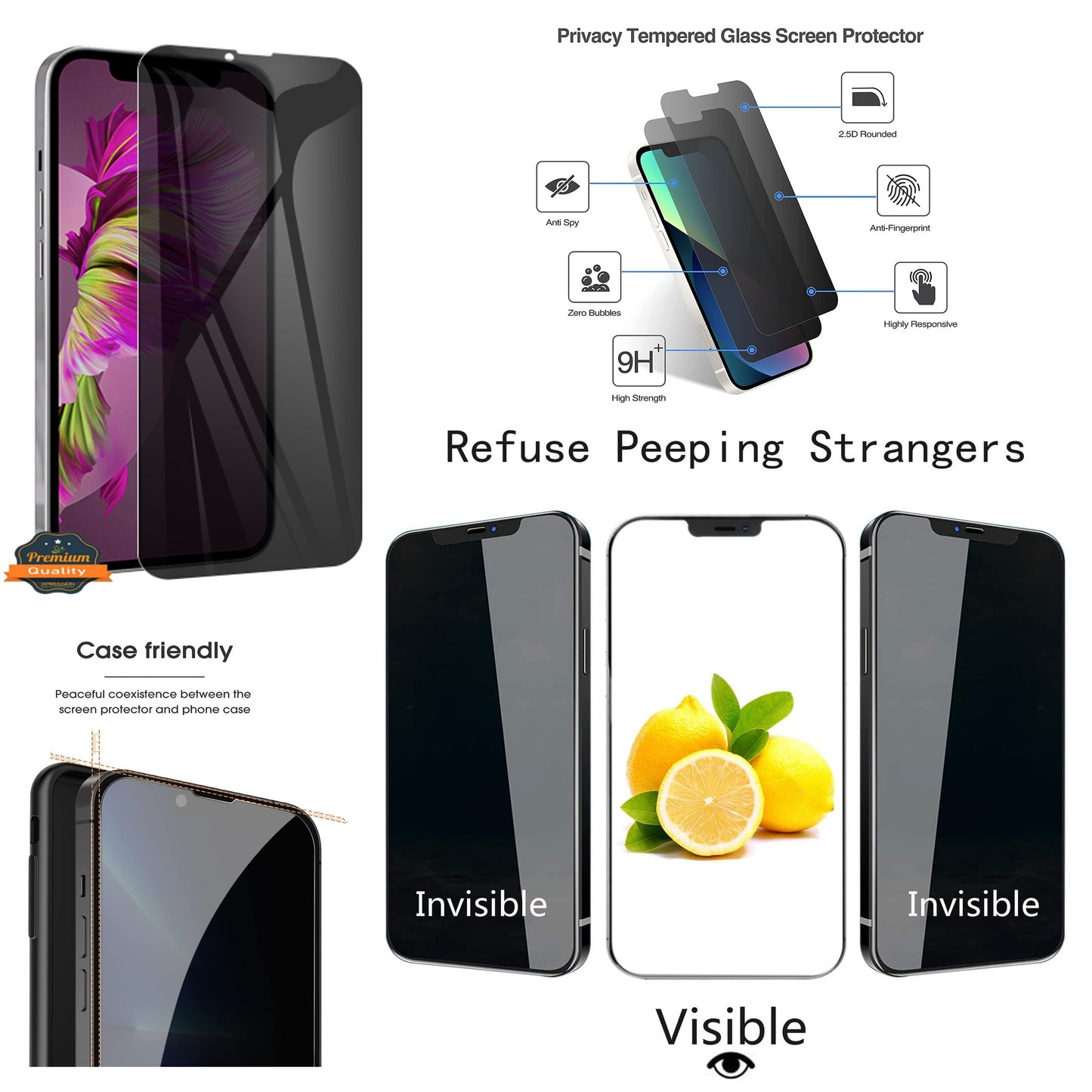 For Apple iPhone 16 /15 /15 Pro (6.1")Privacy Screen Protector Anti Spy 9H Dark Tempered Glass Screen Film Guard Case Friendly Case Cover Black