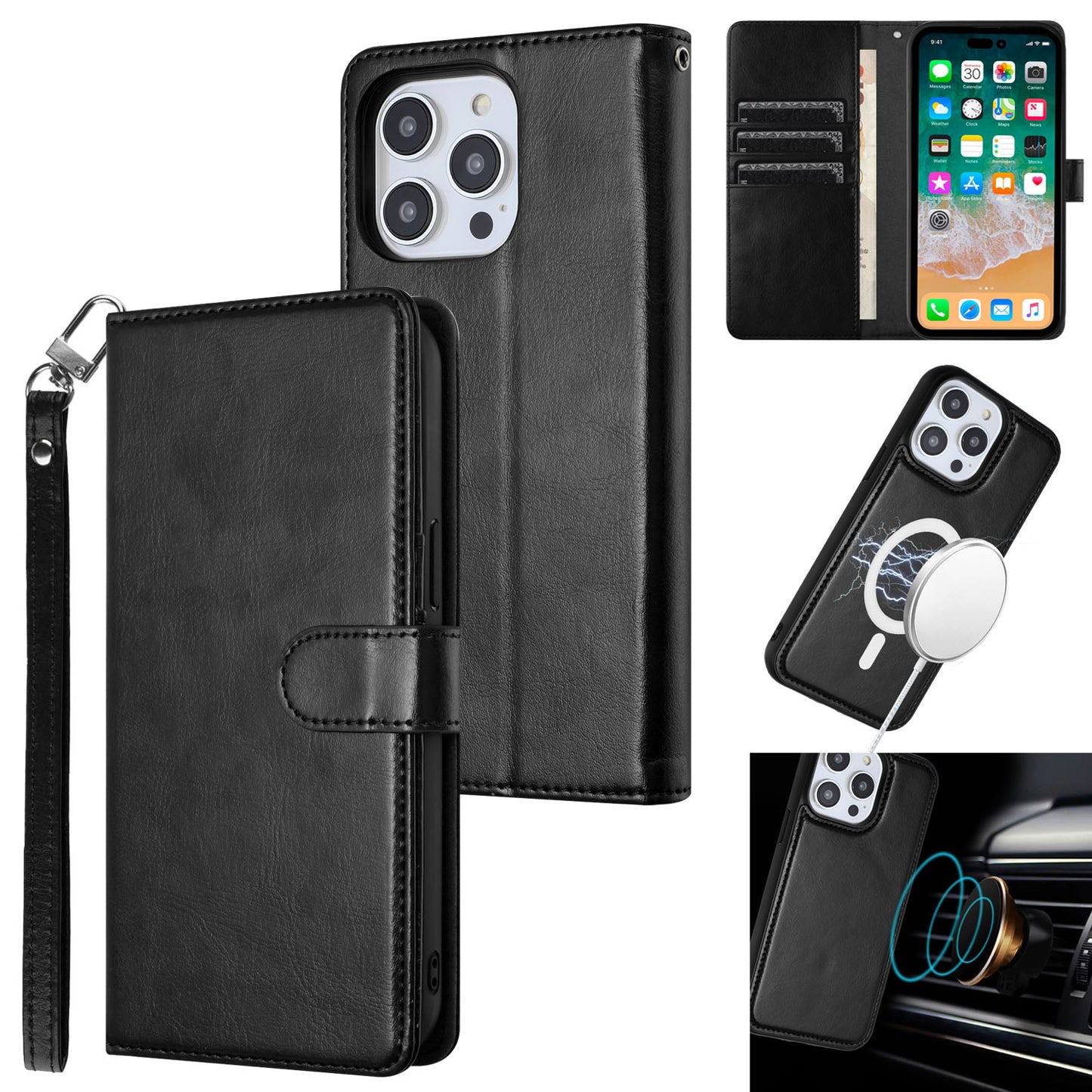 For Apple iPhone 16 Pro (6.3") Deattachable PU Leather Hybrid Wallet Money Credit Card Holder Support Magsafe Charger Case Cover Black