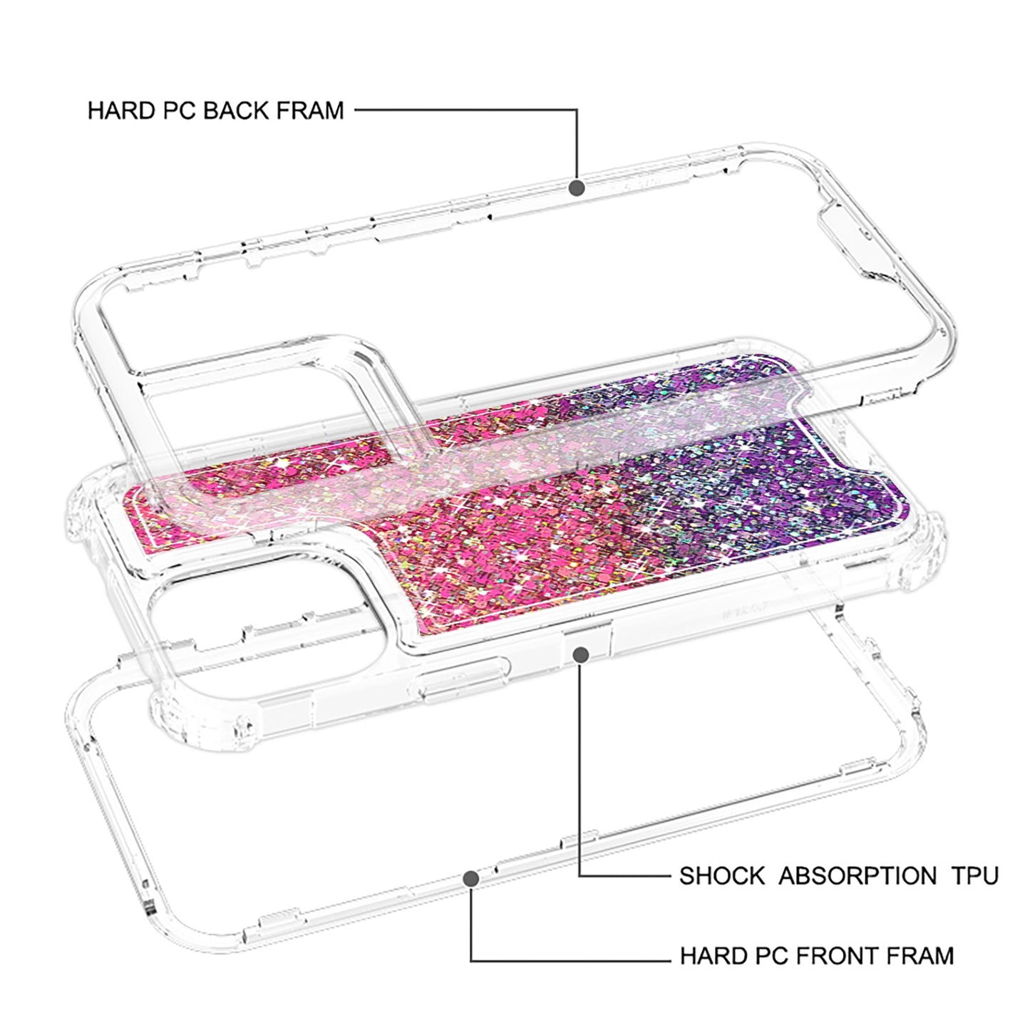 For Samsung Galaxy S24 FE /Fan Edition Epoxy Bling Glitter Sparkly 3in1 Shockproof Transparent Hybrid Shockproof Full Body PC Bumper Case Cover Hot Pink + Purple