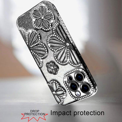 For Apple iPhone 12 Pro Max (6.7") Luxury Floral Design Sparkle Glitter Diamond Crystal Rhinestone Shimmer Bling Plating Thick TPU Hard PC Case Cover