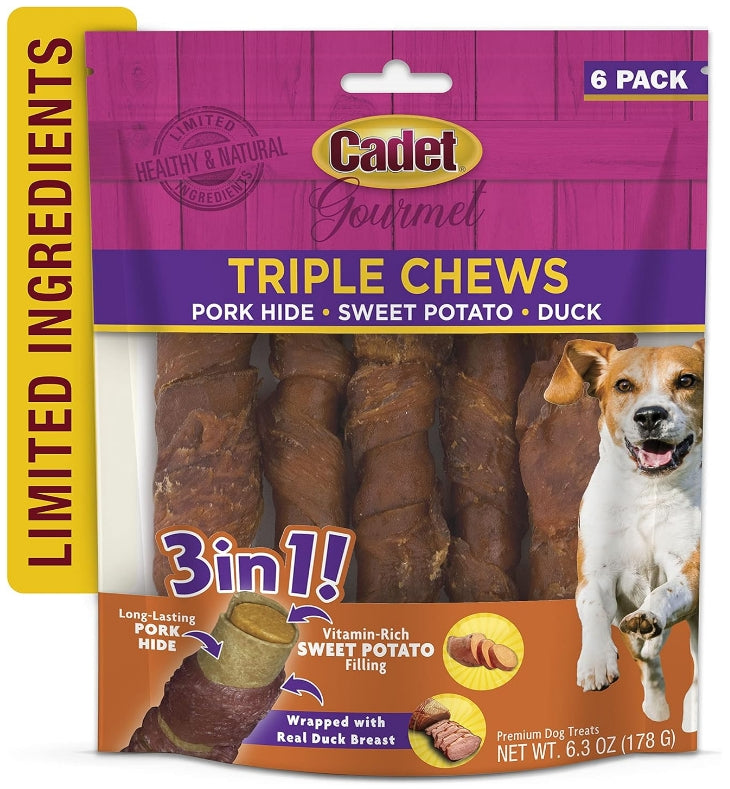 Cadet Gourmet Pork Hide Triple Chews with Duck and Sweet Potato [Dog Supplies] 6 count