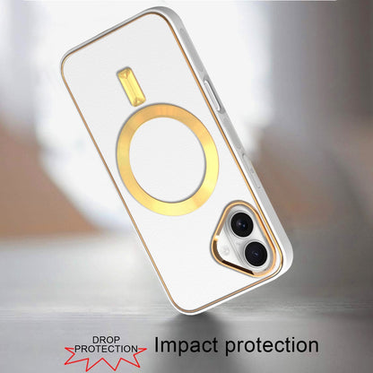 For Apple iPhone 16 (6.1") PU Leather Magnetic Case Slim Protective Cover with MagSafe Compatibility Hard PC Gold Frame Protection Case Cover