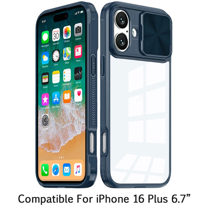 For Apple iPhone 16 Plus (6.7") Hybrid Cases with Sliding Camera Cover Transparent Shockproof Bumper TPU Protective Case Cover