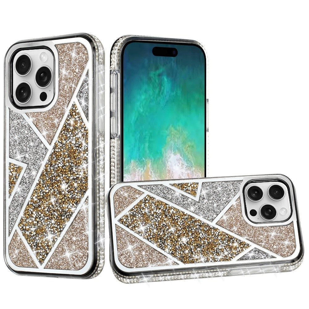 For Apple iPhone 16 Pro Max (6.9") Cute Fancy Glitter Bling Diamond Rhinestone Sparkly Bumper Fashion Shiny Hybrid Rugged TPU Case Cover Gold