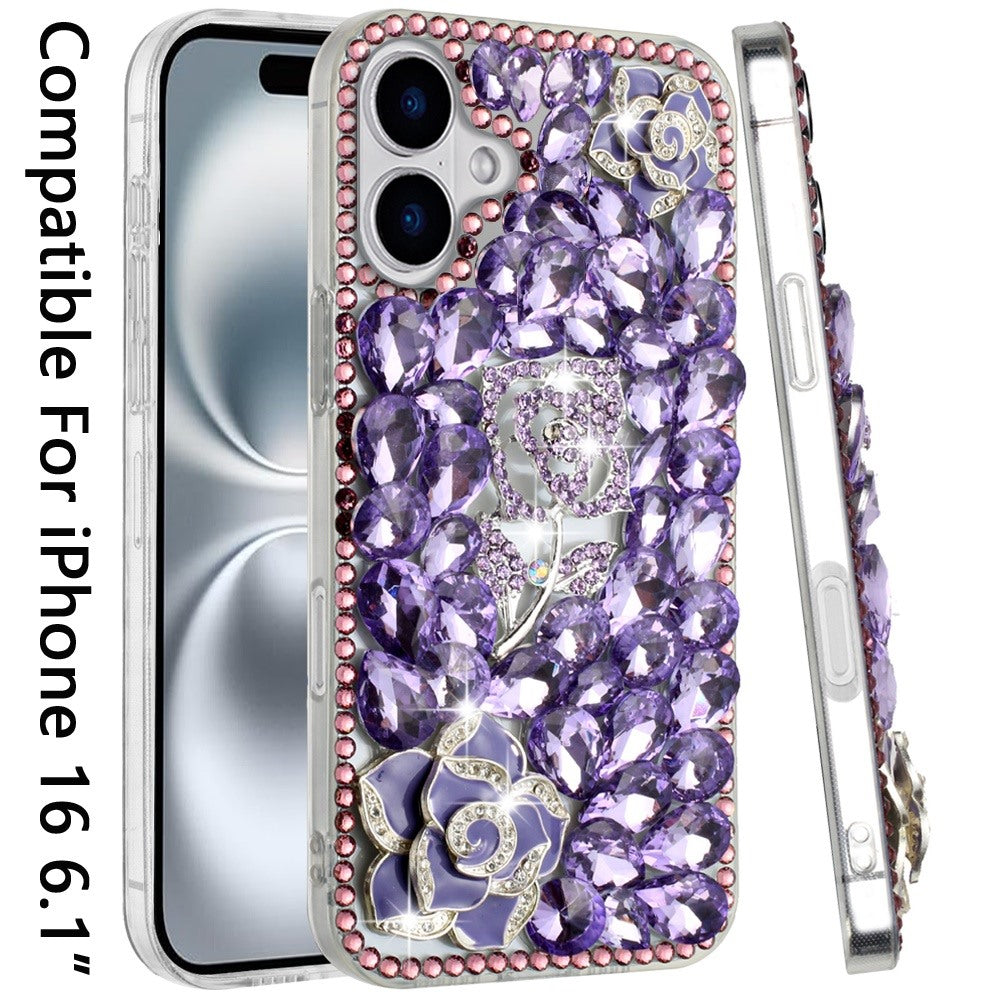 For Apple iPhone 16 (6.1") Bling Crystal 3D Full Diamonds Luxury Sparkle Rhinestone Hybrid Protective Case Cover