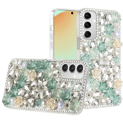 For Samsung Galaxy S24 FE /Fan Edition Fashion Rose Flower Floral Bling Crystal 3D Full Diamonds Pearl Sparkle Rhinestone Glitter Hybrid Case Cover