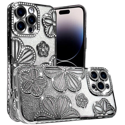 For Apple iPhone 12 / 12 Pro Luxury Floral Design Sparkle Glitter Diamond Crystal Rhinestone Shimmer Bling Plating Thick TPU Hard PC Case Cover