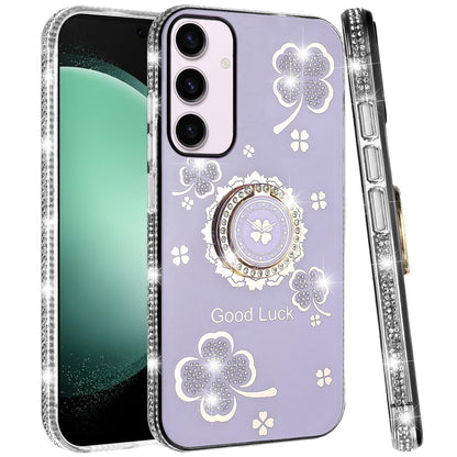 For Samsung Galaxy S23 Diamonds Bling All Around Edges Sparkly Glitter Hybrid Ring Stand Holder Fashion Good Luck Case Cover