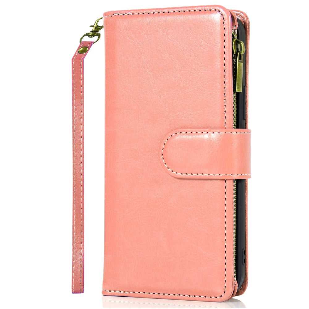 For Apple iPhone SE 4 PU Leather Zipper Wallet Case 9 Credit Card Slots Cash Money Pocket Clutch Pouch with Stand & Strap Case Cover Rose Gold