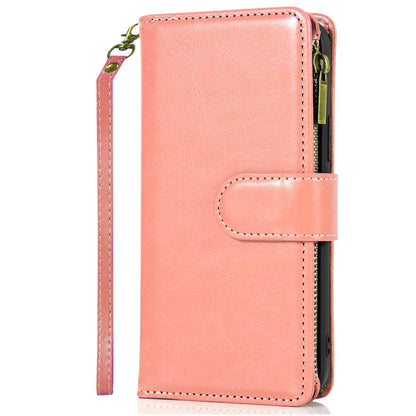 For Apple iPhone SE 4 PU Leather Zipper Wallet Case 9 Credit Card Slots Cash Money Pocket Clutch Pouch with Stand & Strap Case Cover Rose Gold