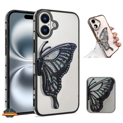 For Apple iPhone 16 Pro (6.3") Glitter 3D Butterfly Bling Luxury Electroplate Chrome Sparkle Liquid Flowing Plating Bumper Case Cover