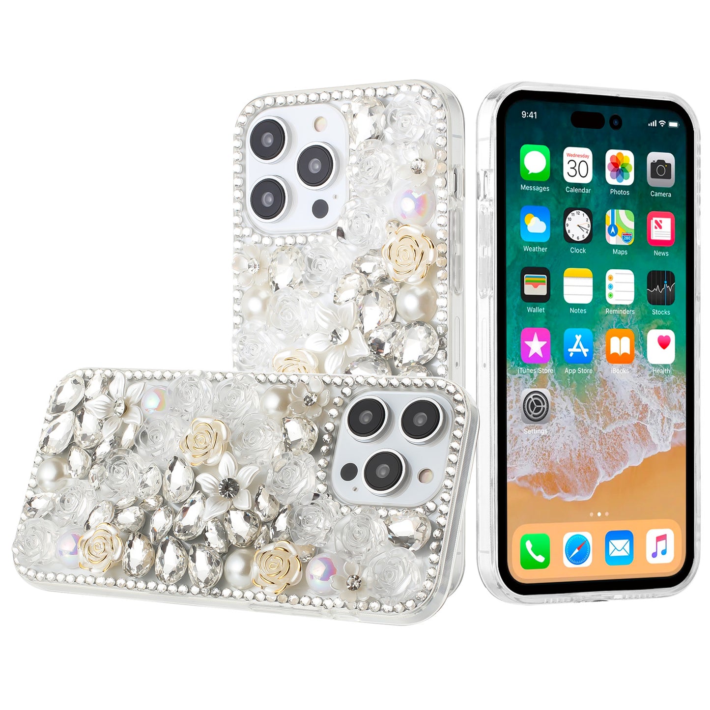 For Samsung Galaxy S24 FE /Fan Edition Fashion Rose Flower Floral Bling Crystal 3D Full Diamonds Pearl Sparkle Rhinestone Glitter Hybrid Case Cover