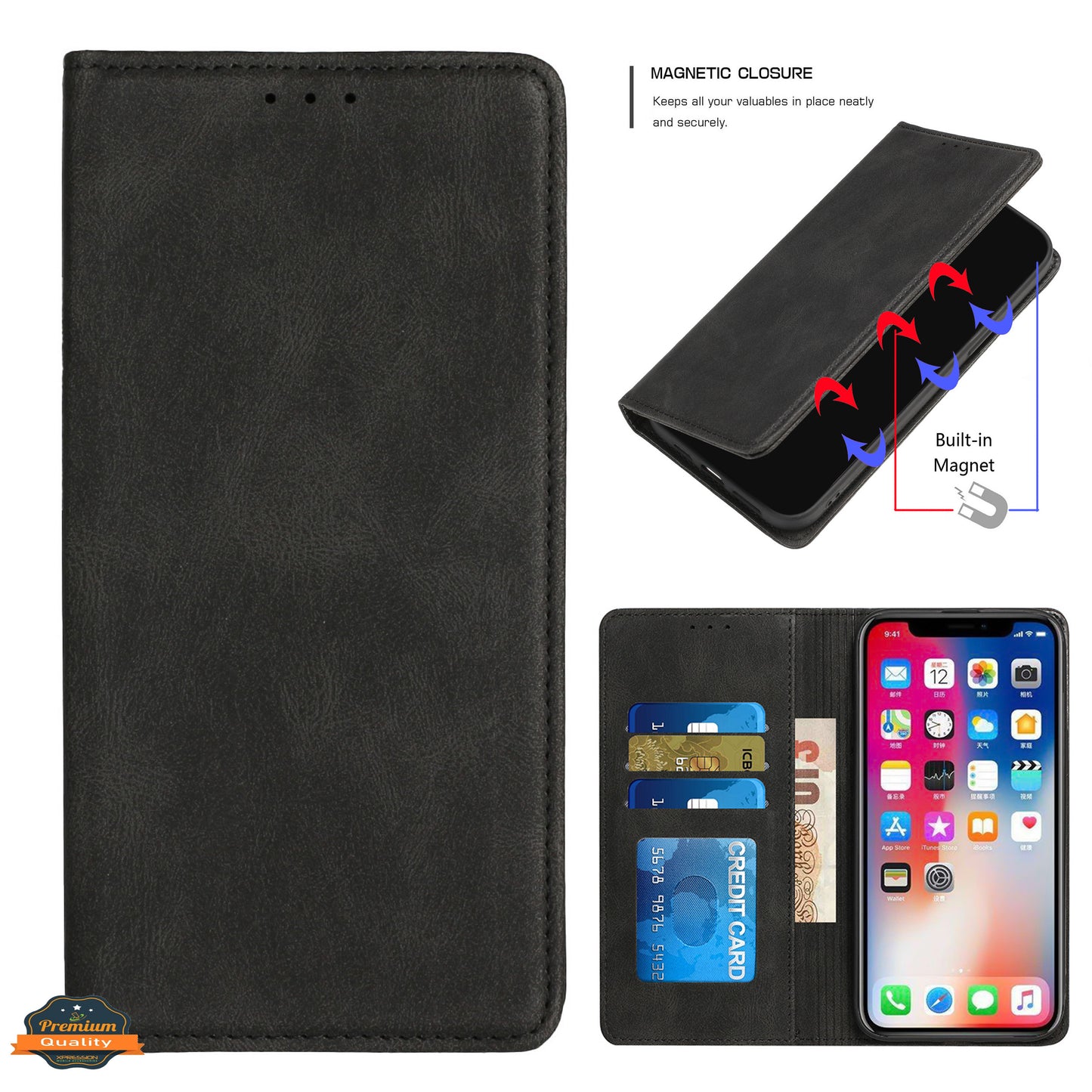 For Apple iPhone 16 (6.1") PU Leather Pouch Flip Folio Wallet ID Credit Card Slots Money Holder with Magnetic Closure & Kickstand Case Cover