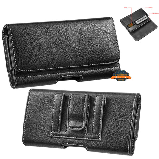 For Apple iPhone 16 Pro (6.3") Universal Horizontal Cell Phone Leather Pouch Holster Carrying Case with Credit Card Slots & Belt Clip Loop Cover [Black]