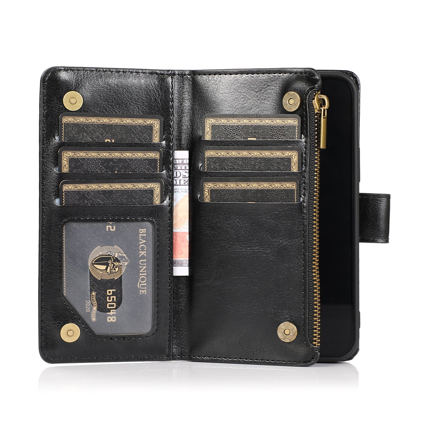 For Cricket Debut S3 Leather Zipper Wallet Case 9 Credit Card Slots Cash Money Pocket Clutch Pouch Stand & Strap Case Cover Black