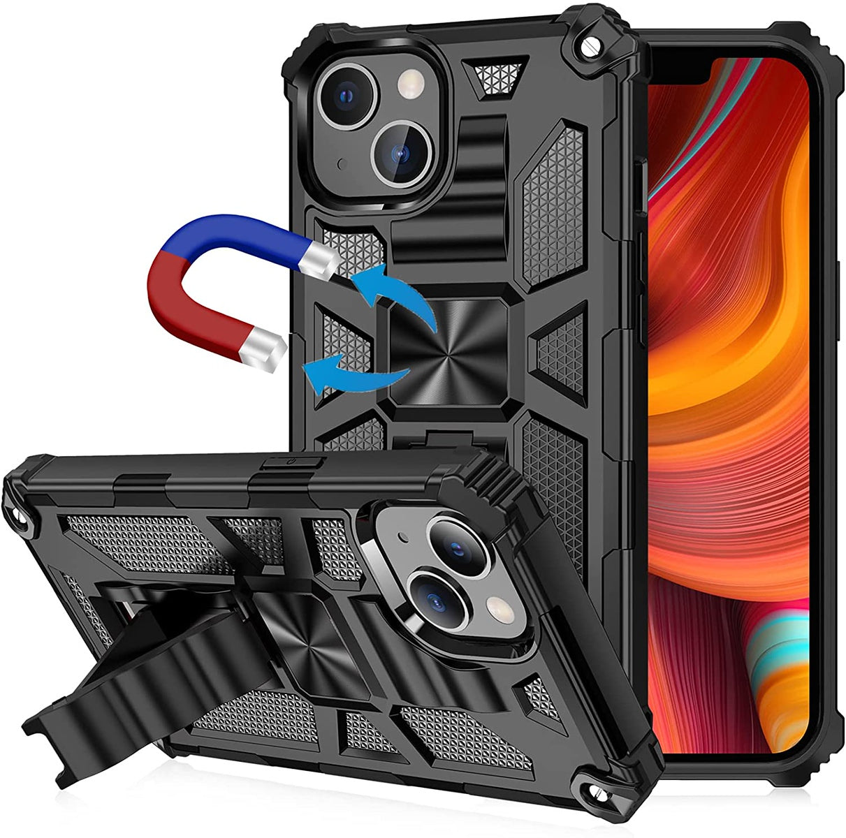 For Apple iPhone 15 Plus (6.7") Built in Magnetic Kickstand, Military Hybrid Bumper Heavy Duty Dual Layers Rugged Stand  Phone Case Cover