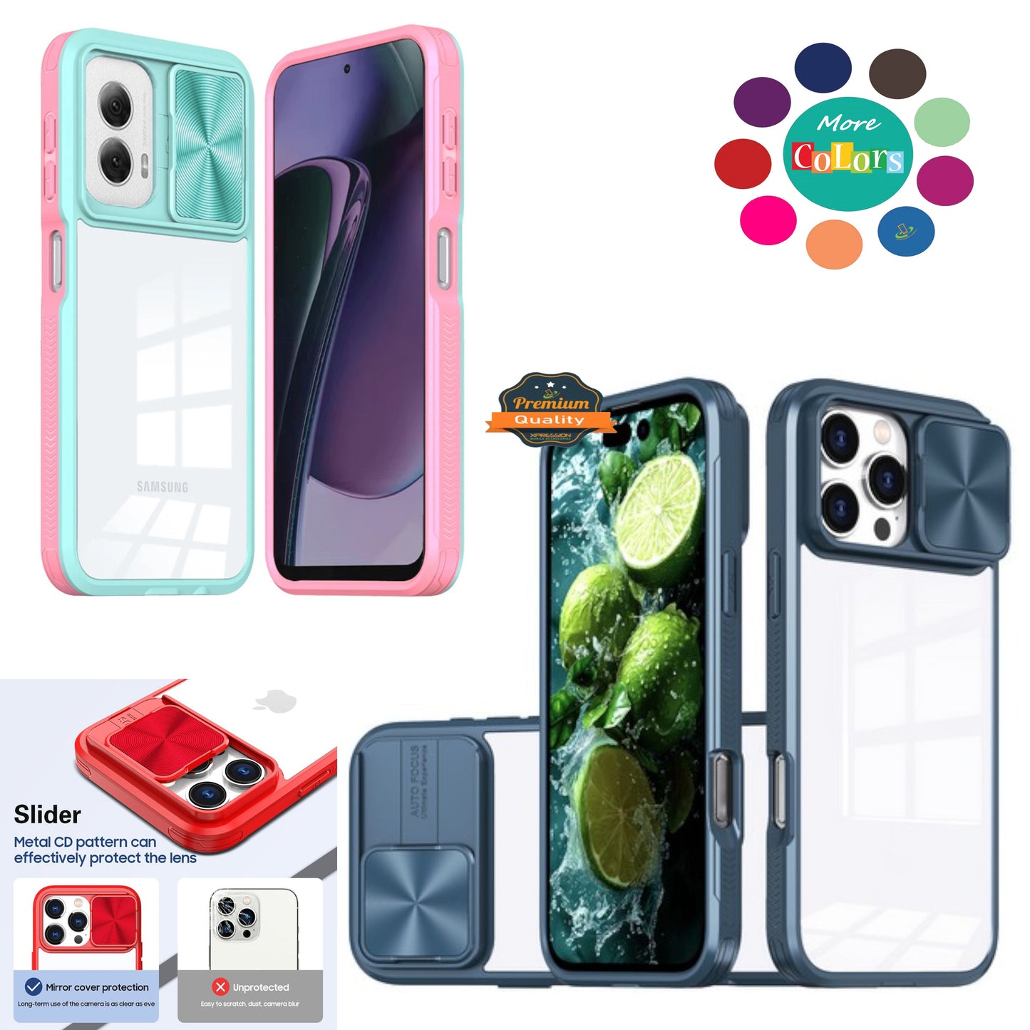 For Apple iPhone 16 (6.1") Slide Camera Cover Lens protector Anti-Scratch Shockproof Clear Back and Color Frame Bumper Case Cover