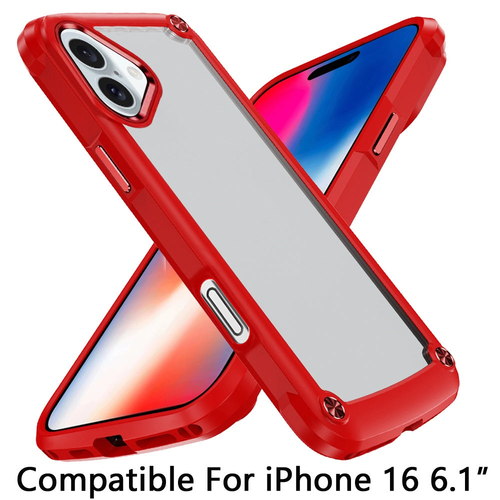 For Apple iPhone 16 (6.1") Hybrid Transparent Rubber with Metal Buttons & Camera Edges Hard TPU Corner Bumper Case Cover