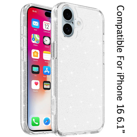 For Apple iPhone 16 (6.1") Transparent Glitter Shiny Sparkle Bling TPU Rubber Hard Back Hybrid Frame Shockproof Case Cover Clear