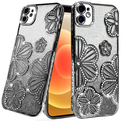 For Apple iPhone 12 Pro Max (6.7") Luxury Floral Design Sparkle Glitter Diamond Crystal Rhinestone Shimmer Bling Plating Thick TPU Hard PC Case Cover