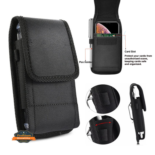 For Apple iPhone 16 Pro (6.3") Vertical Nylon Canvas Holster Universal Cell Phone Pouch Velcro Closure with Credit Card Slot & Belt Clip Loop Carabiner [Black]