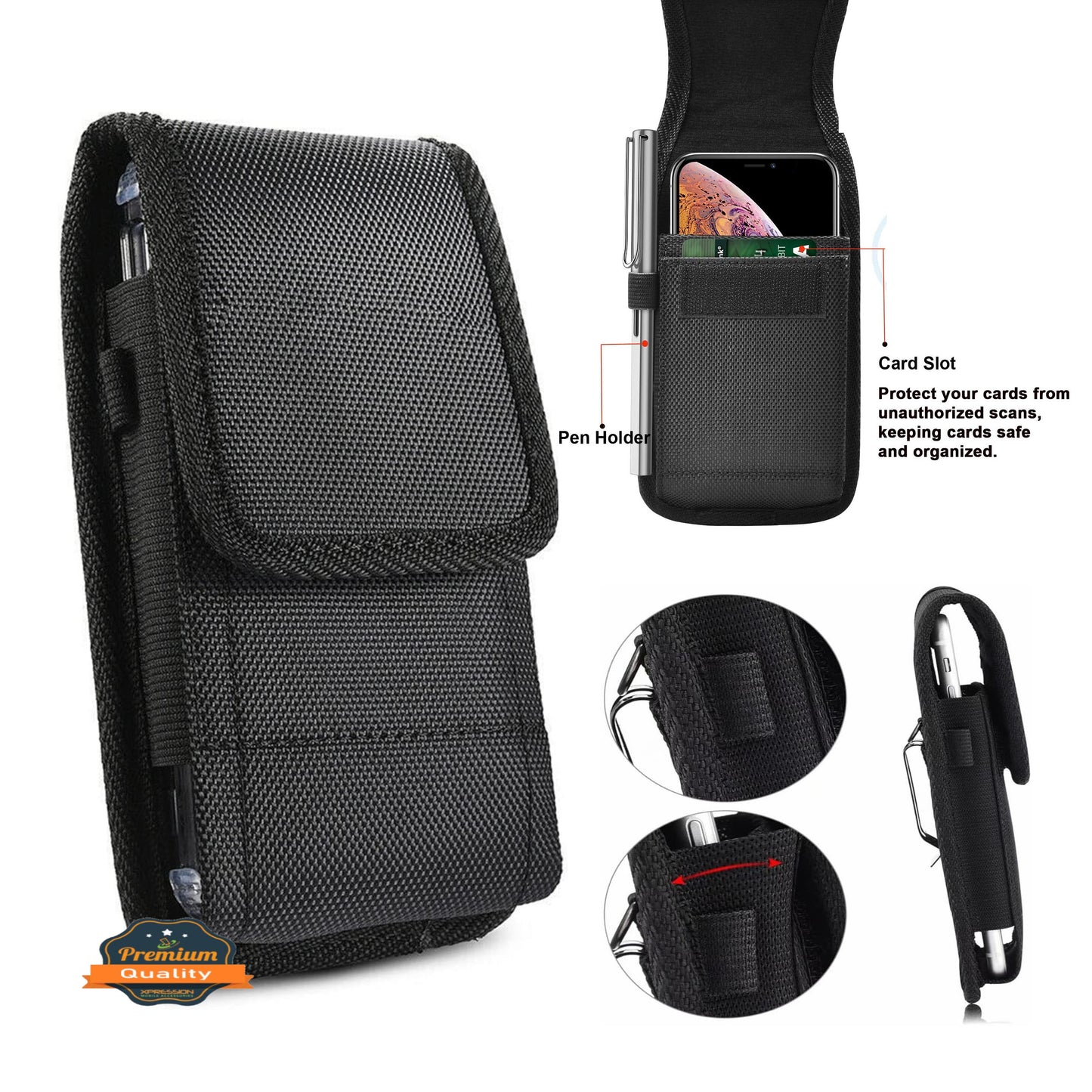 For Apple iPhone 16 Pro Max (6.9") Vertical Nylon Canvas Holster Universal Cell Phone Pouch Velcro Closure with Credit Card Slot & Belt Clip Loop Carabiner [Black]